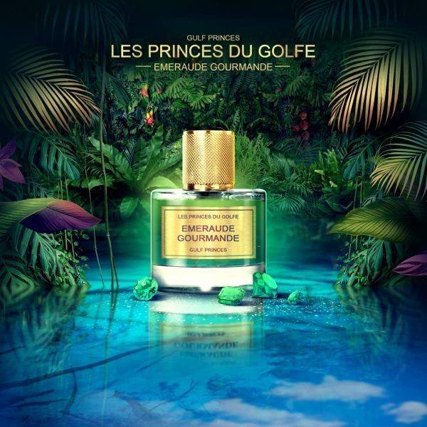 Perfume Emeraude Gourmande de la marca Les Fleurs du Golfe, en una botella excepcional. Piedras preciosas al lado, colocadas en el agua, en una naturaleza salvaje.