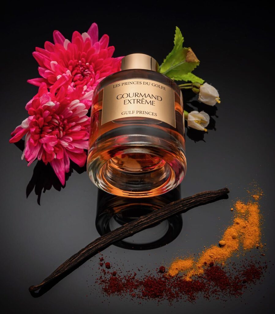 perfume with muget, spices and exotic flowers, vanilla and musk