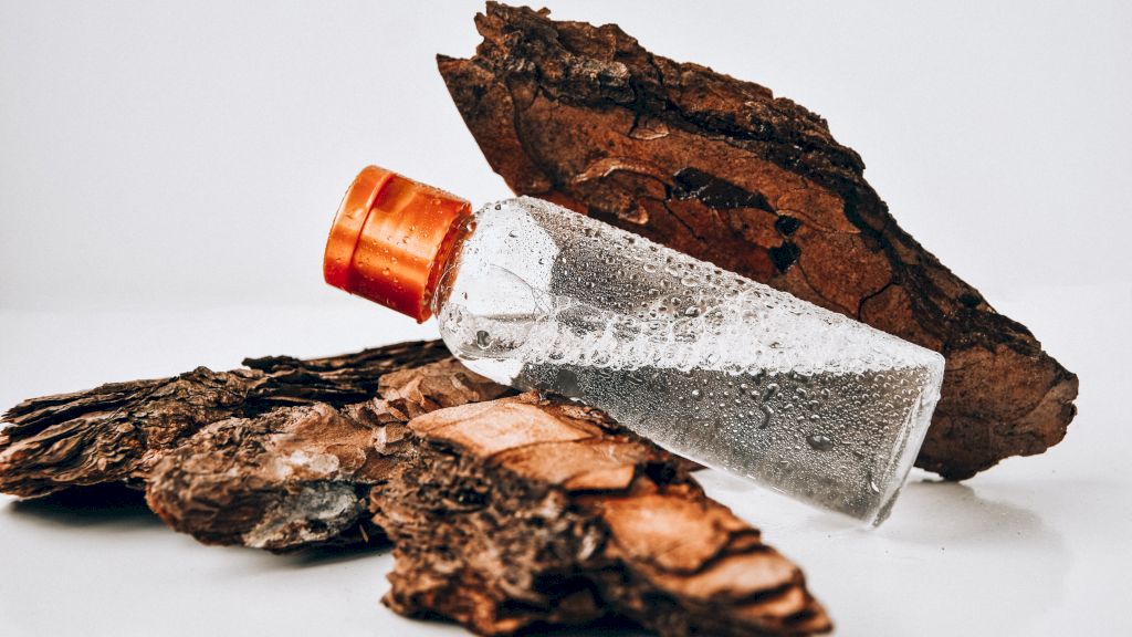 Une photo de trois copeaux de Oud utilisé dans les parfums Oud sur fond blanc. Un petit flacon rempli d'eau est posé sur l'un des copeaux